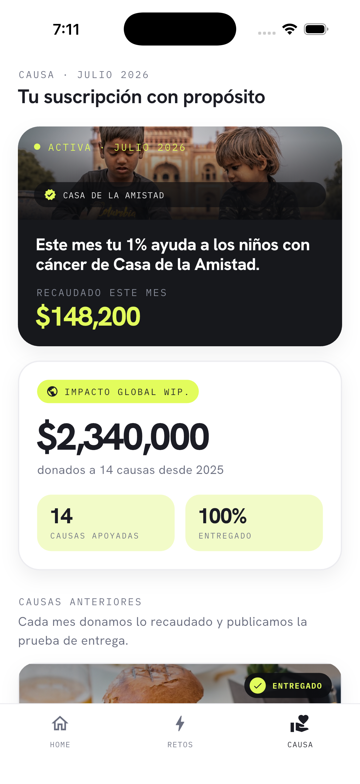 Captura de la app WIP.: Tu 1% con propósito