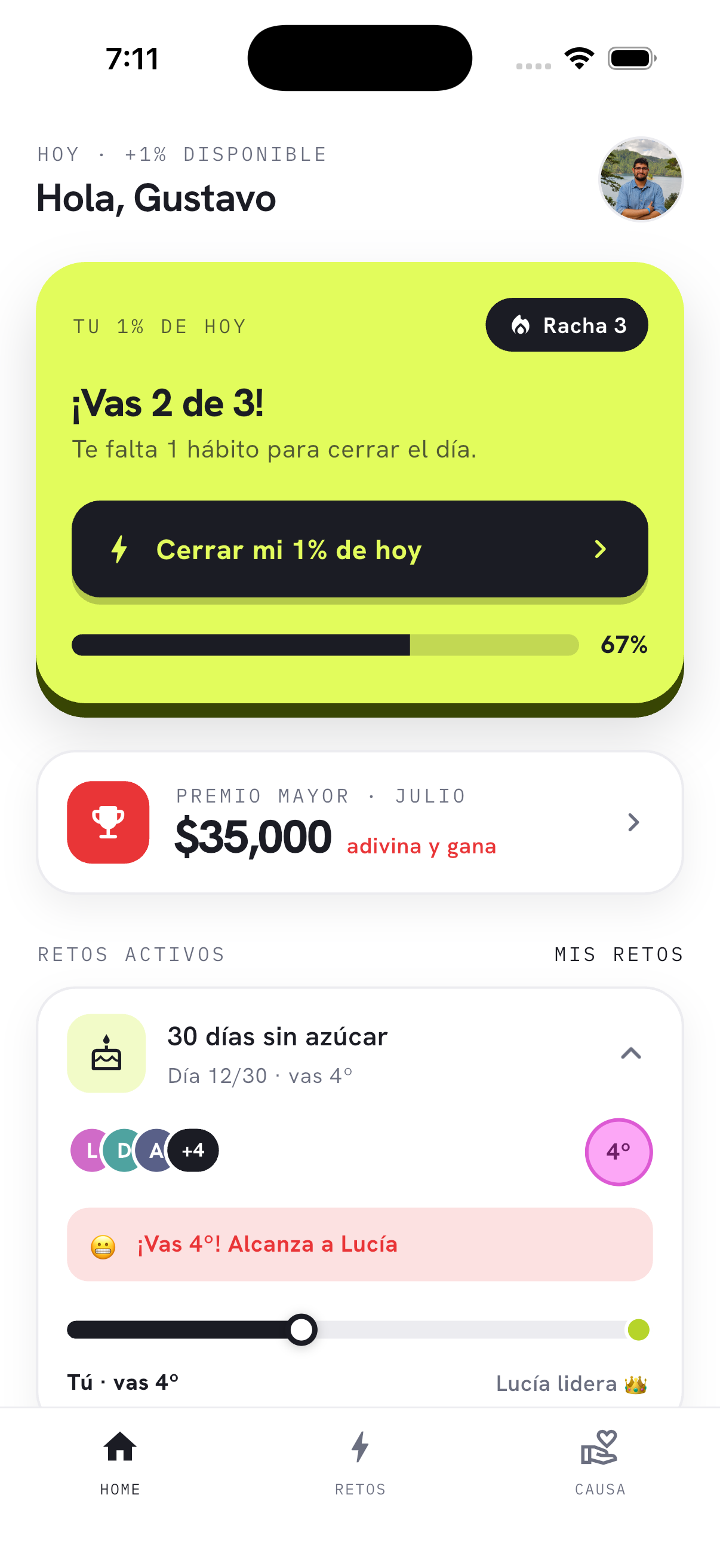 Pantalla de inicio de la app WIP. con el 1% de hoy